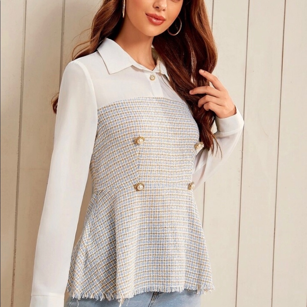 Freyd Edge mixed media tweed peplum top.